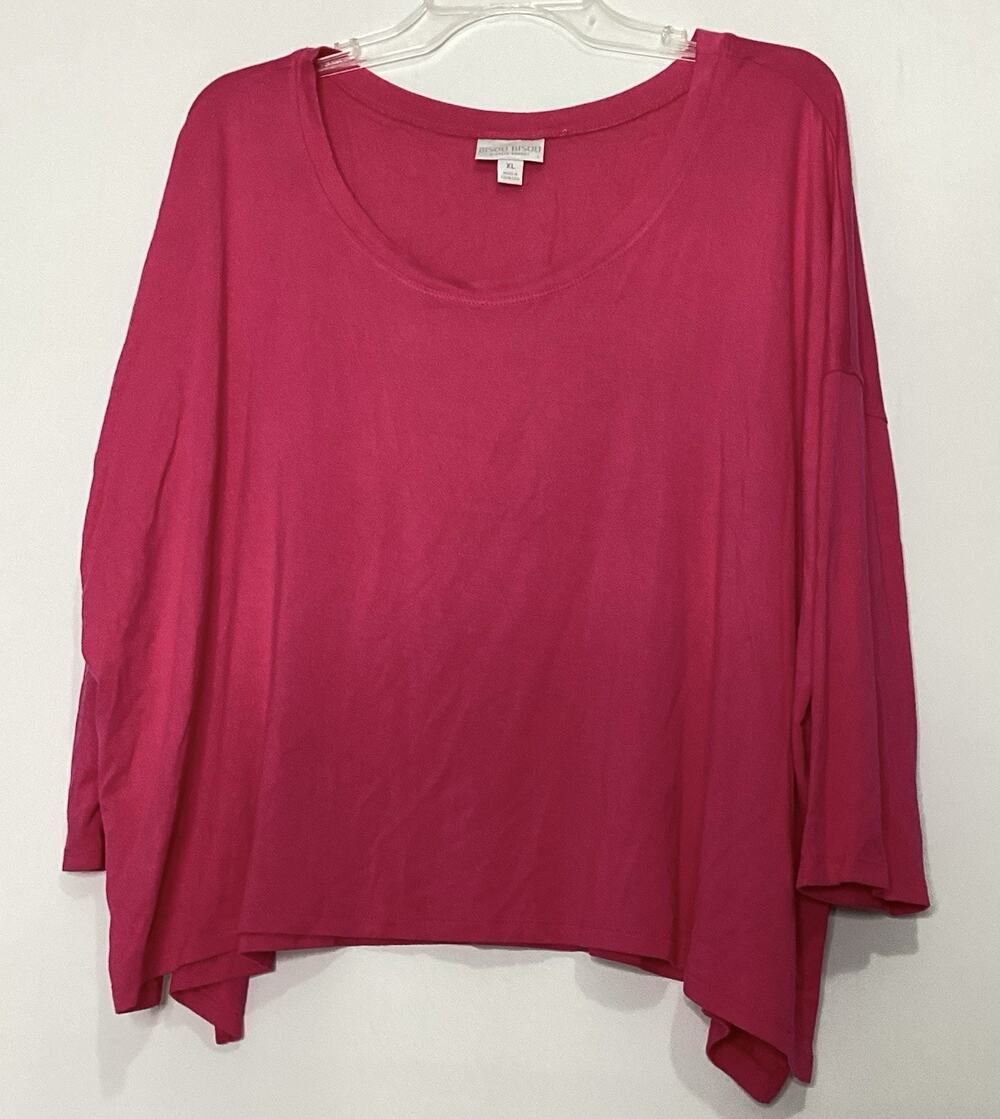 Bisou Bisou Women’s Size XL Hot Pink Short Sleeve Top Flowing Asymmetrical Hem